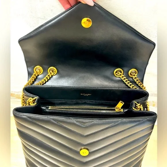 YSL Saint Lauren Loulou Medium Quilted Chevron Bag Black/Gold - Picture 10 of 17